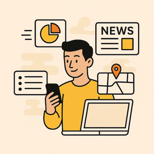 디지털 라이프와 최신 기술 뉴스를 스마트폰과 노트북으로 검색하는 남성 일러스트