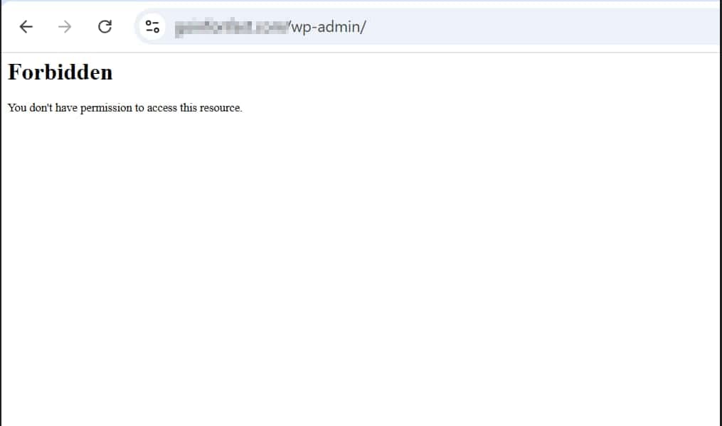 해외에서 워드프레스 관리자 페이지 접속 시 "Forbidden - You don't have permission to access this resource" 오류 메시지가 표시된 웹 브라우저 화면