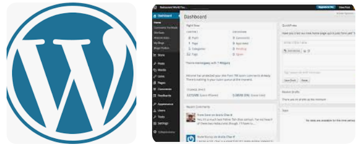 WordPress 로고와 관리자 대시보드 UI 화면, 블로그 관리용 인터페이스