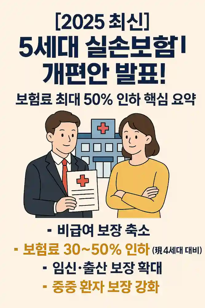 2025년 5세대 실손보험 개편안을 소개하는 한국어 인포그래픽 포스터로, 병원 앞에 선 정장 차림 남성과 노란 옷을 입은 여성이 등장하며, "보험료 최대 50% 인하" 등의 핵심 요약 문구가 강조되어 있다.